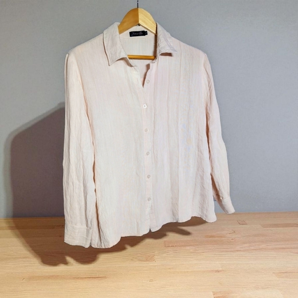 Amaryllis Women's Sz L Light Pink Linen Blend Button Down Shirt